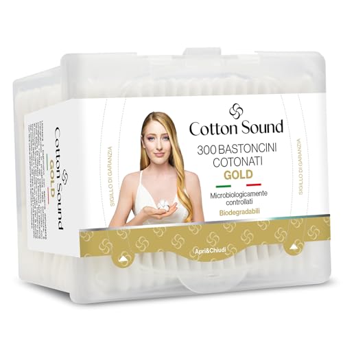 Cotton Sound Gold - Bastoncillos de algodón 100% puro hidrófilo, ideales para pieles sensibles, 100% puro algodón hidrófilo, ideales para pieles sensibles, 1 paquete de 300 unidades
