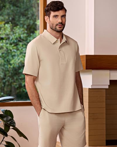 Kallspin Men's Two Piece Outfit Polo Style Shirt and Drawstring Shorts Set Casual Lightweight Summer Vacation Beachwear2