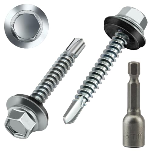 Poeland Lot de 50 vis auto-taraudeuses pour tôle trapézoïdale, 4,8 x 35 mm, avec rondelles EPDM, vis étanches hexagonales, vis autoperceuses pour tôle de...