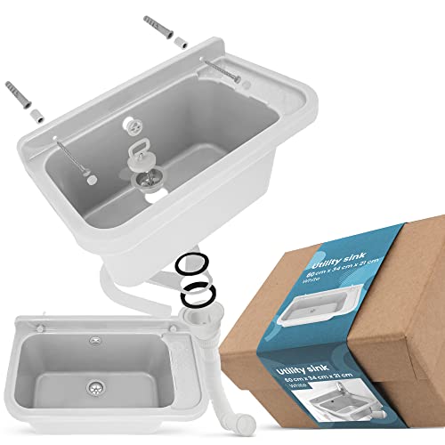 Lavabo de Cámara Estante Fregadero Industrial Profunda Lavadero Exterior Comercial Lavamanos Jardín Garaje Lavandería Baños Fábrica 60 x 34 x 21 cm Blanco