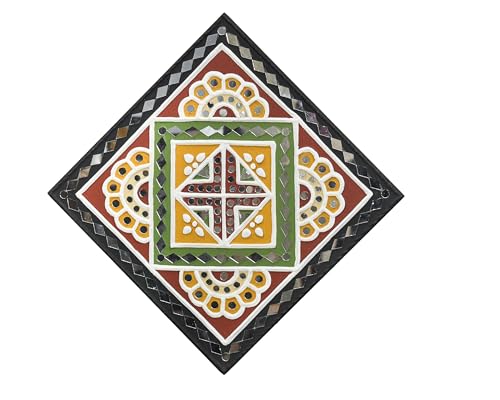 Image of Ethnics of Kutch Traditional Kutch Handicraft Mud-Mirrorwork Lippan Kam Wall Art (Water and Break Resistant) - Square (12 inch x 12 inch) - (Black LKT-0269)