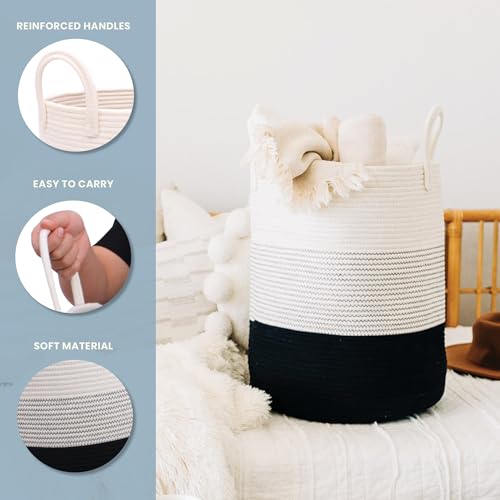 OrganiHaus Large Black & White Woven Laundry Basket w/Handles 52L, Rope Dirty Clothes Hamper, Blanket Basket for Living Room, Baby Laundry Hamper for Nursery, Soft & Durable Decorative Organizer Bin