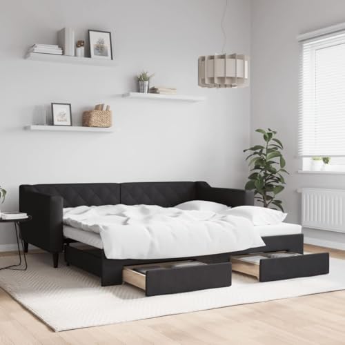 Teenpull Cama de día extensible tapizada en tela negra, 90 x 190 cm, sofá cama con cabecero integrado, estructura de cama que ahorra espacio, mueble con base para invitados, cama individual moderna