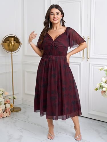 Image of Womens Plus Size Wedding Guest Dress V Neck Short Sleeve Floral Boho Tulle Dress A Line Cocktail Formal Dresses