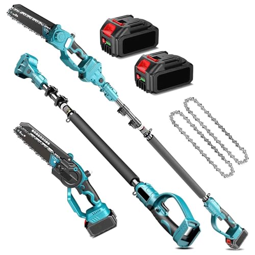 2 in 1 Mini Tronçonneuse et Élagueur sur Perche sans Fil, Tronçonneuse Télescopique de 8/6 Pouces, avec 2 Batteries et Chargeur, Portée 16/8 FT, pour Branches et Jardin (8 Pouces 2 in 1)