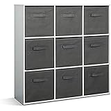 Photo Gallery mondeer - libreria a 9 scomparti in legno, con 9 scatole grigie, organizer per scale, per vestiti, giocattoli, libri e scarpe in soggiorno, camera da letto, cameretta dei bambini