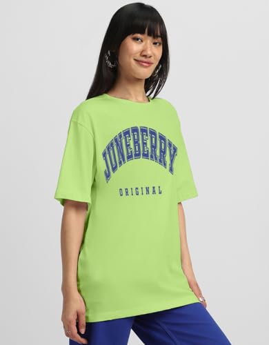 Image of JUNEBERRY Pure Cotton Oversized Drop Shoulder Brand Logo Typography Print Round-Neck Baggy Fit T-Shirt for Women (Available in Navy, Green & Pink Colors)