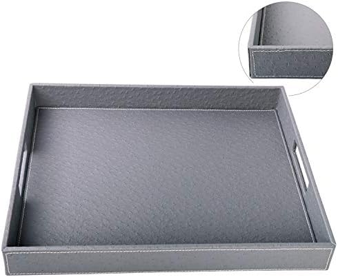HofferRuffer Ostrich Faux Leather Rectangular Decorative Serving Tray with Handles for Coffee Table, Breakfast, Tea, Food, Butler, Grey Ostrich PU Leather, 17.7 x 13.8 x 2 inches