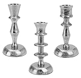 Riceverete un set di 3 diversi portacandele in metallo color argento anticato (design come da immagine).