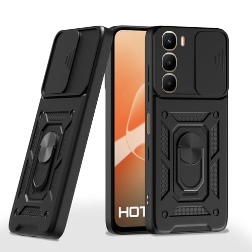 Image of Pikkme Back Cover for Infinix Hot 60 5G | 360 Protection Case | Sliding Camera Shield Cover & Ring Holder Stand D10 Tough Armor Bumper Case (Black)