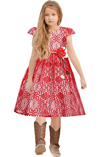 Little Girls Cap Sleeves 3D Flower Lace Wedding Flower Girl Birthday Party Christing Party Dress,Red,4-5 #TOP2