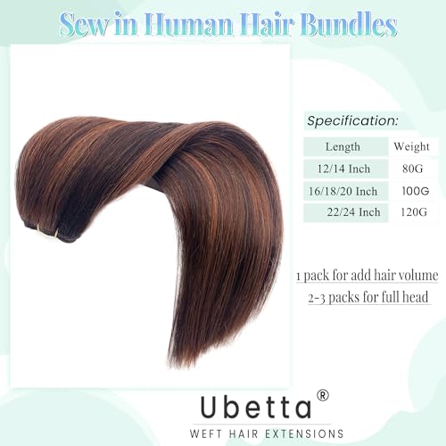 Image of Aubrun Brown Highlights Weft Hair Extensions Human Hair Weave Extensions Dark Brown Balayage Auburn Brown Highlight Sew in Hair Extensions Real Human Hair Wefts 20 Inch Hair Wefts Weave Bundles 100G