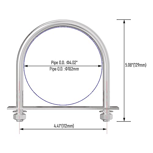 Image of 2 Sets 304 Stainless Steel Round Bend U-Bolts 4.02 inch(102mm) Inner Width 5.08 inch(129mm) Length M8 with Nuts, Frame Plate, Washers, Accessories for Boat Trailer Axle Sailboat Trailer