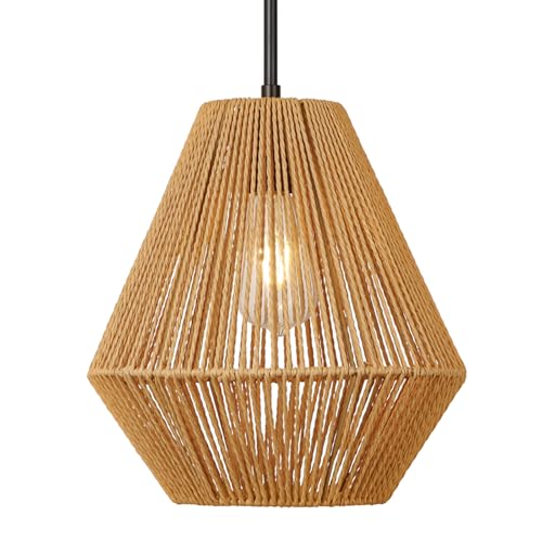 LynPon 12“ Boho Rattan Pendant Light with Rod Hanging, Black Boho Light Fixture with Hanging Lamp Shade, Farmhouse Coastal Wicker Pendant Light for Kitchen Dining Room Bedroom Hallway Foyer Bathroom