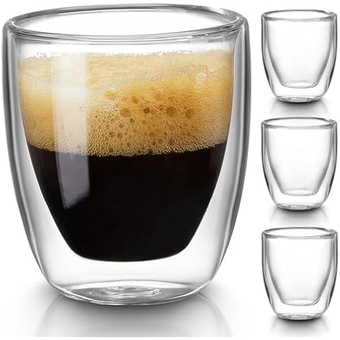 Gencywe Double Walled Espresso Cups Set of 4 (50% Thicker), 3 Ounce Clear Expresso Coffee Mugs, Espresso Shot Glasses, Double Wall Insulated Espresso Cups Suit for Espresso Machine, Microwave Safe Cover