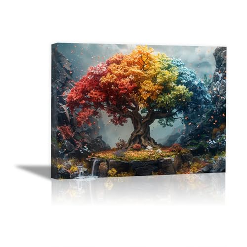 JOSUE Tableau Arbre De Vie Arbre abstrait Tableau Salle De Bain Sur Toile,Jaune, Vert Tableau Art Affiche Imprime Salon Chambre DéCor- 50x70cm Encadrée