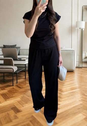 Image of Women's 2 Piece Outfits Casual Summer Cap Sleeve Ribbed Pant Sets Tracksuit