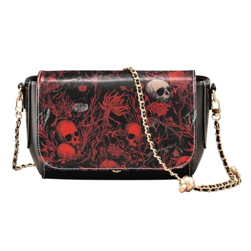 Yoogain Sac à main noir et rouge avec motif tête de mort et fleurs pour Halloween, sac à bandoulière pour femme, sac à bandoulière avec fentes pour cartes de crédit, Fleurs crâne d'Halloween noir et