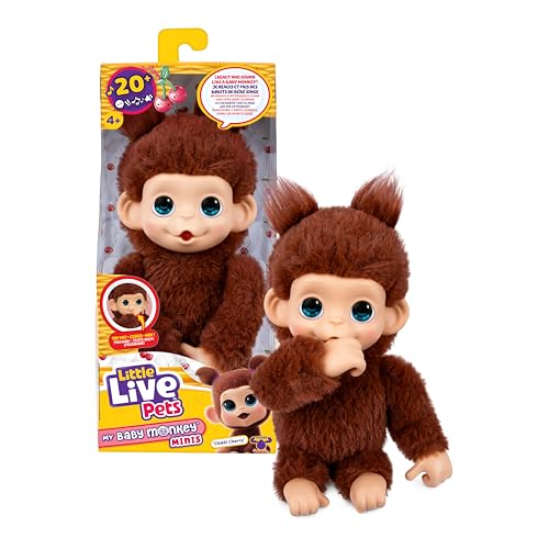 Little Live Pets Baby Monkey Minis Chikki Cherry. Interactive Pet Toy. 20+ Sounds & Reactions. Soft Brown Fur. 7.4 Tall. Super Realistic. Feed Nurture React. Grippy Hands & Feet. Collect All 3