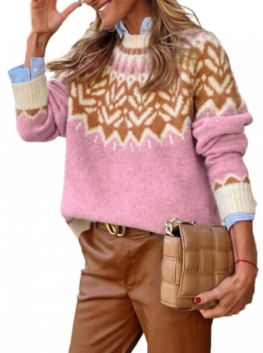 Image of EARKOHA Women's Casual Mock Neck Ribbed Sweater Pullover 2026 Fall Long Sleeve Print Fair Isle Sweater Top