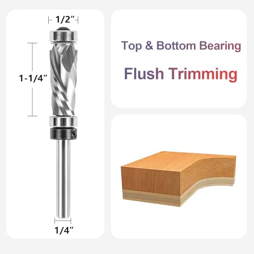Spetool WTBBUD2FL-D1/2-H1/4 Double Bearing Spiral Flush Trim Router Bit 1/4 Inch Shank 1/2 Inch Cutting Diameter, Carbide Compression Bit Top And Bottom Bearing Flush Cut Pattern Bit thumb #1