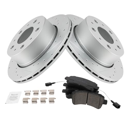 Image of TRQ Performance Rear Brake Pad and Rotor Set Ceramic Coated Drilled Slotted Vented Rotors Compatible with 2014-2021 Ram ProMaster 1500 2014-2021 ProMaster 2500 3500