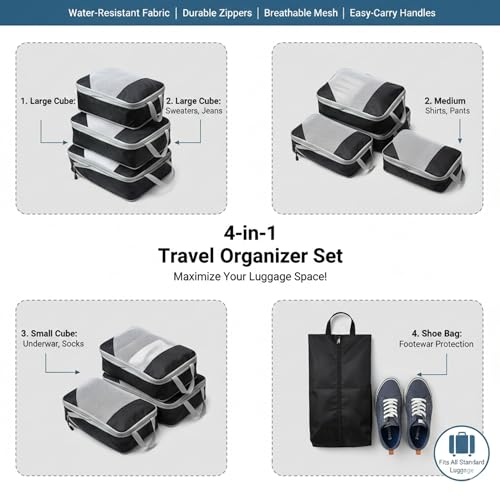 Image of 4 in 1 Waterproof Compression Packing Cubes Set - Lightweight Durable Polyester Travel Clothes Organizer Bags, Washable Luggage Packing Organizers (Black)