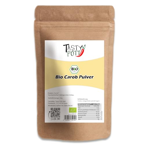 Tasty Pott Bio Carob Pulver | Johannisbrotbaum Schoten | Ballaststoffreich | Vegane Ernährung | Carobpulver | Im Beutel 250g