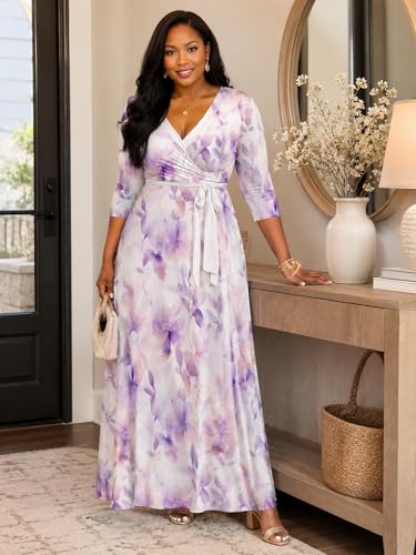 Image of PinkPatty Plus Size Maxi Dress for Women Casual V Neck 3 /4 Sleeve Boho Printed Long Dress with Pockets