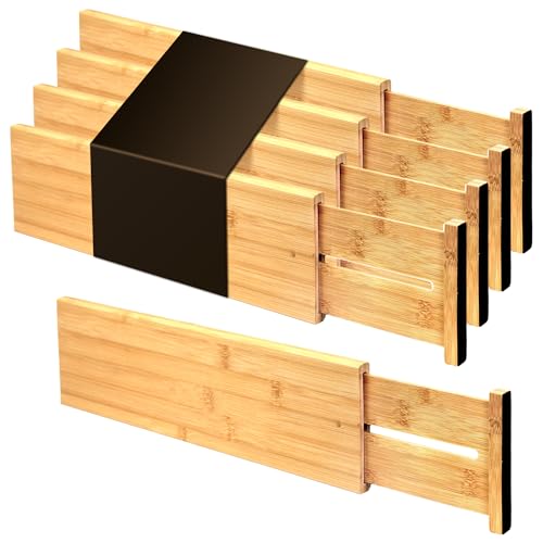 Utoplike 4 Piece Bamboo Raised and Extended Drawer Dividers, Wooden Adjustable Drawer Organiser, Spring Loaded Inserts, for Clothes, Cosmetics in Bathroom and Bedroom