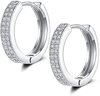 Small Silver Hoop Earrings for Women Men | Sterling Silver Earring Post Double-row Cz Cubic Zirconia Pave Hinged Huggie Hoops Cartilage Helix Earrings, Piercings Jewelry (8/10/12mm)