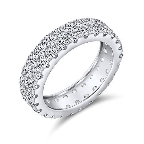 Classic Traditional Bridal Two Row Pave Cubic Zirconia CZ Anniversary Eternity Wedding Band Ring For Women .925 Sterling Silver Rhodium 5MM Wide