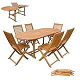 Panana 7 Piece Acacia Wood Garden Dining Furniture Set, Extending Wooden Table and 6 Folding Chairs with Parasol Hole, Outdoor Patio Furniture for Terrace Balcony Conservatory
