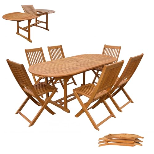 Panana 7 Piece Acacia Wood Garden Dining Furniture Set, Extending Wooden Table and 6 Folding Chairs with Parasol Hole, Outdoor Patio Furniture for Terrace Balcony Conservatory