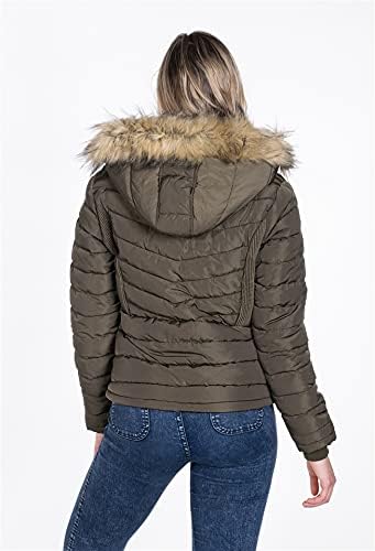 BodiLove Women's Everyday Warm Winter Quilted Puffer Short Coat High Collar Jacket with Removable Faux Fur Hood Zipper Vegan Leather Piping Water Resistant Wind Blocker Olive M - Image 6