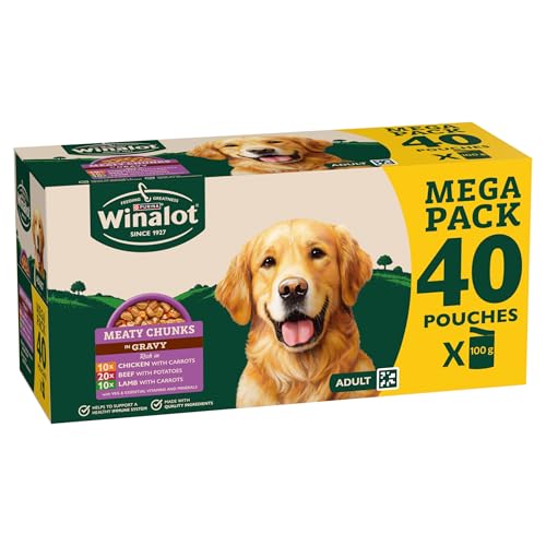 WINALOT Meaty Chunks Adult Nassfutter für Hunde, gemischt in Soße, Rind, Huhn, Lamm, 40x100g Beutel