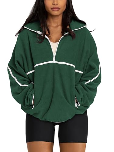 LASLULU Womens Half Quarter Zip Pullover Oversized Sweatshirt Green Sherpa Fleece Jackets Workout Athletic Gym Jacket Warm Fuzzy Sweaters 2025 Fall Winter Fashion Clothes (Green,Medium)