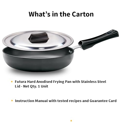 Image of Hawkins Futura 22 cm Frying Pan, Hard Anodised Fry Pan with Stainless Steel Lid, Frypan with Extra Height and Rounded Sides, Small Frying Pan, Black (AF22RS)