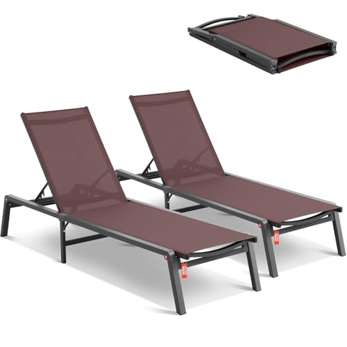 VEVOR 2 Pcs Chaise Lounge Chairs Outdoor, Aluminum Patio Lounge Chair with Adjustable 5-Position, Folding Pool Chairs Recliner and Full Flat Tanning Chair for Patio, Beach, Pool, Brown, 2 pcs by VEVOR - Used condition - US$168.76