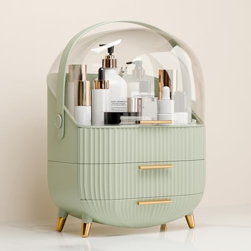lurcns Makeup Organizers and Storage, Make up Organizer for Vanity Cosmetics Skincare Organizers With Lid and Drawers Display Cases for Countertop（Light Green）