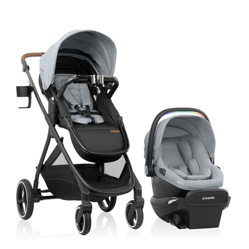 Image of Evenflo Shyft Intuiti+ Travel System Featuring Revolve180 LiteMax NXT Preemie and Infant Car Seat with SensorySoothe and Green & Gentle (Quartz)