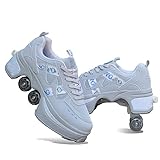 【Botón práctico】 Los patines cuádruples para exteriores cuentan con el botón invisible único para evitar la apertura accidental. Y hay un botón en la parte posterior del zapato, presiónelo y la rueda se abrirá. Mantenga presionado el botón, empuje la rueda hacia la placa inferior y suéltela.