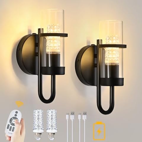 PEESIN Battery Operated Wall Sconce Set of Two, Remote Control Battery Operated Wall Lights, Glass Battery Wall Sconce with Crystal Bulb, Modern Rechargeable Wall Sconce for Bedroom, Black, 3000K Cover
