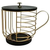 FIVE TWENTY CO. Coffee Pod Holder – Compatible with Nespresso Vertuo Pods and Capsules - Gold Metal K Cup Holder - Cute Coffee Pod Basket w/ Wooden Base & Lid - Coffee Pod Storage - Coffee Bar Decor