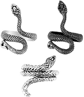 Huayue 3 PCS Snake Ring, Vintage Gothic Punk Rings Charm Finger Ring Adjustable Statement Ring Snake Open Ring for Men and Women, 2 Styles, Silver and Black