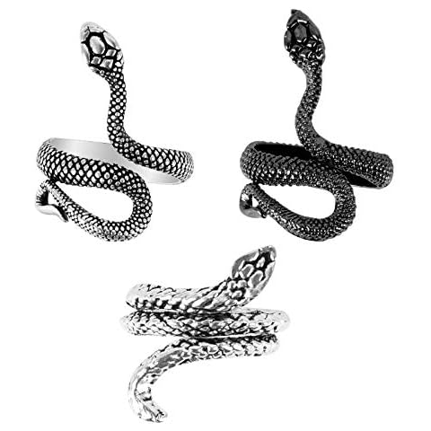 Huayue 3 PCS Snake Ring, Vintage Gothic Punk Rings Charm Finger Ring Adjustable Statement Ring Snake Open Ring for Men and Women, 2 Styles, Silver and Black Cover