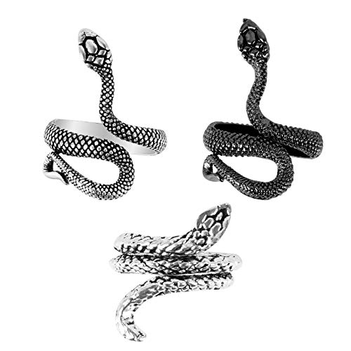 Huayue 3 Stück Verstellbar Schlange Ringe Punk Ring Gothic Party Ring Snake Schmuck Öffnung Einstellbar Fingerring Vintage Ring Gotisch Retro Edelstahlringe für Damen und Herren (Schwarz Silber)