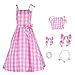 Produktbild fanelod Rosa Kariertes Kleid für Damen,Filmkleid A-Linie Kleider Cosplay Kostüme | Sommerliches Schulterfreies Kleid im Retro-Stil mit Zubehör für Cosplay-Par, Weihnachtsauftritt