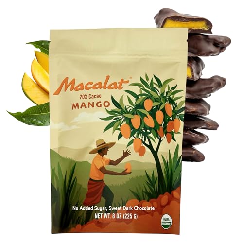 Macalat Sweet Dark Chocolate Mangos, Organic 70% Peruvian Chocolate Covered Mango, No Added Sugar, High Fiber and Vitamins, Low-GI Energy, Plant-Based and Vegan, 8 oz