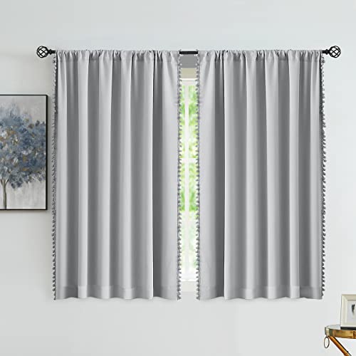 Image of Treatmentex Pompom Full Blackout Curtains Grey Window Curtains for Basement 54 inches Thermal Insulated Room Darkening Curtain Drapes for Nursery 2 Panels